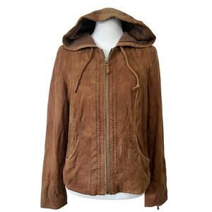 Lucky Brand Legend Jacket Women’s Suede Leather hooded Full Zip Brown Sz Large